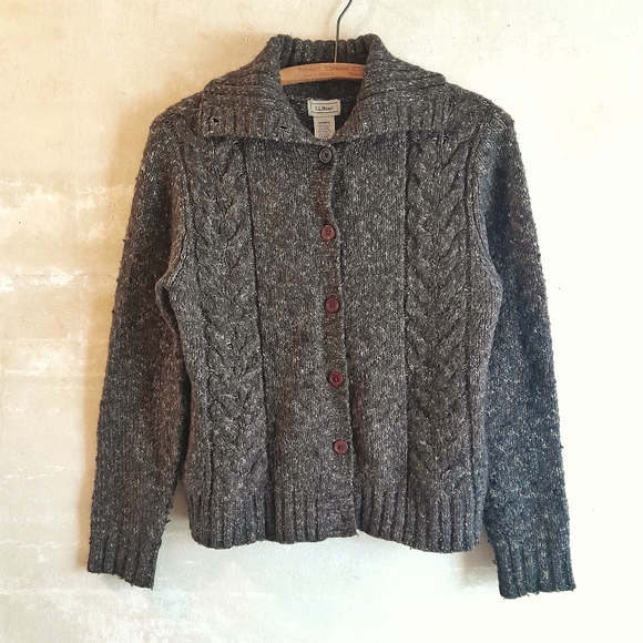115a. vintage dark brown L.L. Bean wool blend button down cable knit cardigan, S - Picture 1 of 7